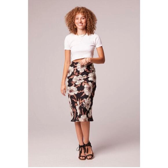 Band Of Gypsies BOG RHO Floral Slip Midi Skirt Black Cream Pull On Size S NEW - Picture 8 of 12